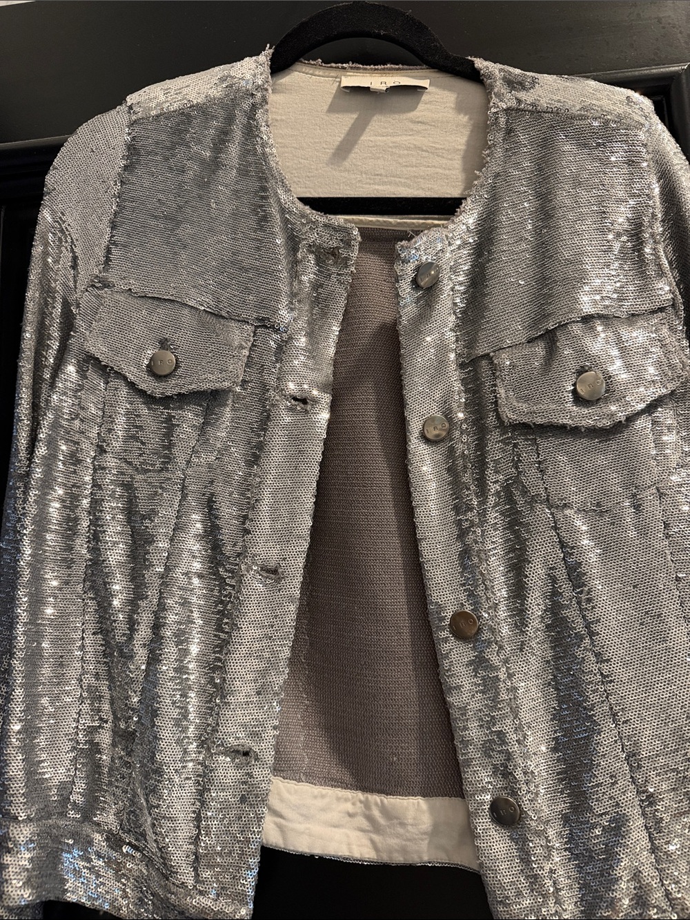 IRO Silver Sequin Button-Front Jean Jacket